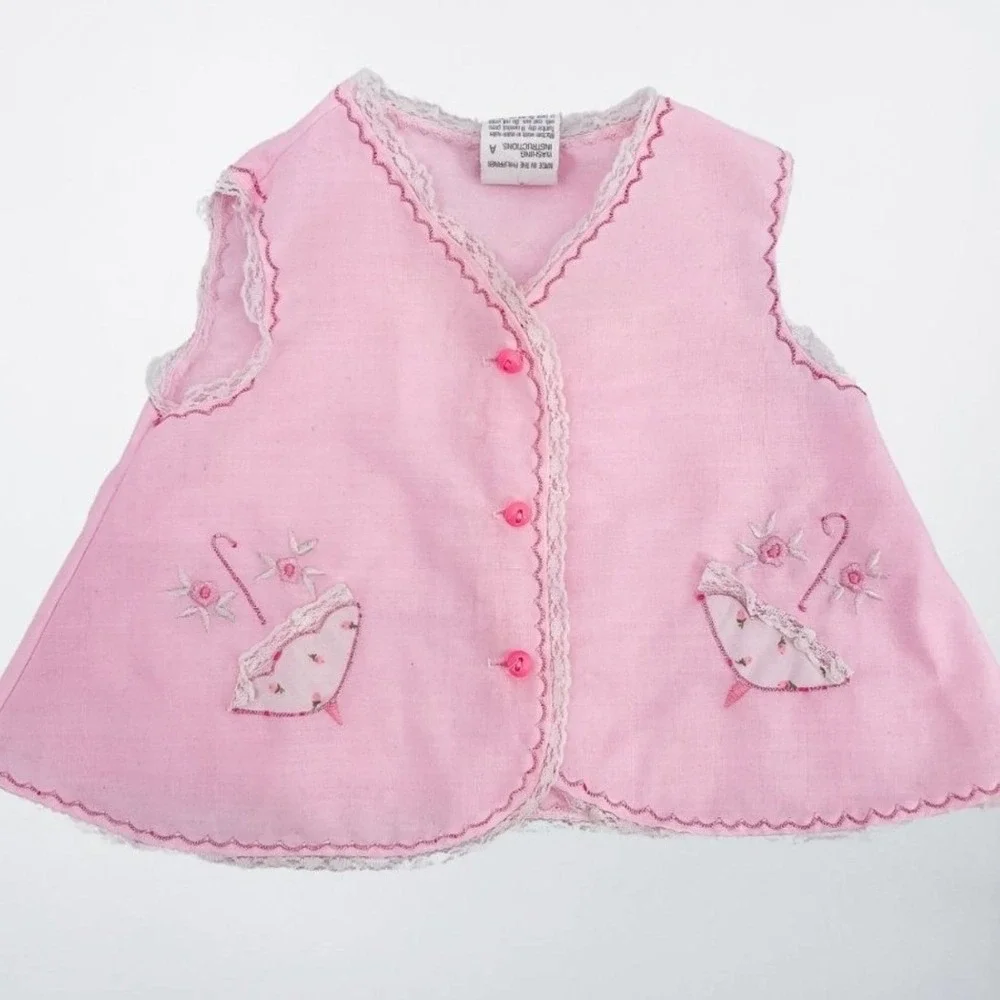 Vintage‎ Pink Umbrella Embroidered Lace Trim Baby Vest Birth to 3 Months